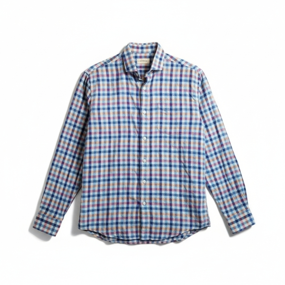 Ateseta Italian 100% Linen Plaid Long Sleeve Button Down Shirt Blue Orange